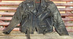 One,Leather,Old,Worn,Dirty,Biker,Classic,Unbuttoned,With,Iron