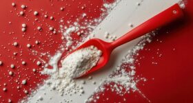Red Spoon with Flour on Red Background - Baking Ingredients and Kitchen Utensils Concept