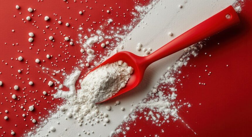 Red Spoon with Flour on Red Background - Baking Ingredients and Kitchen Utensils Concept