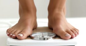 A Woman measuring her weight using scales on floor