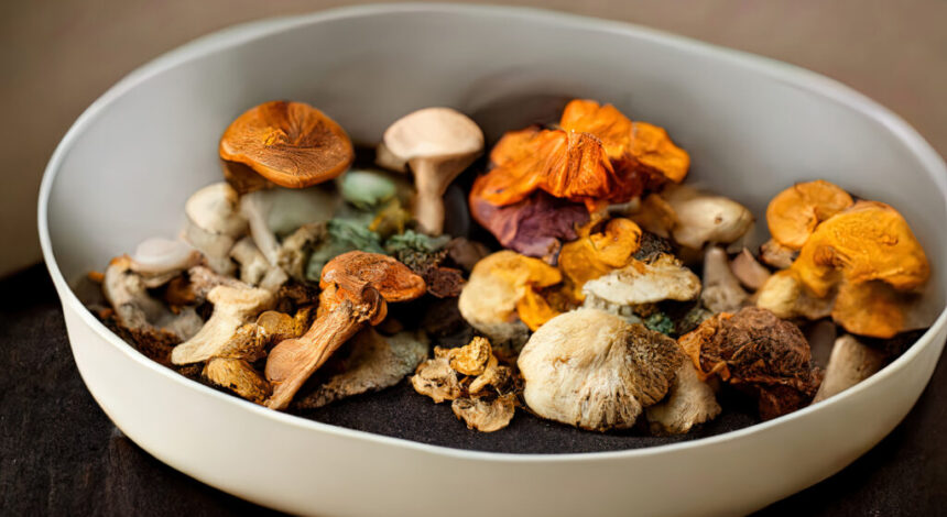 Different fresh wild mushrooms in bowl on wooden background, top