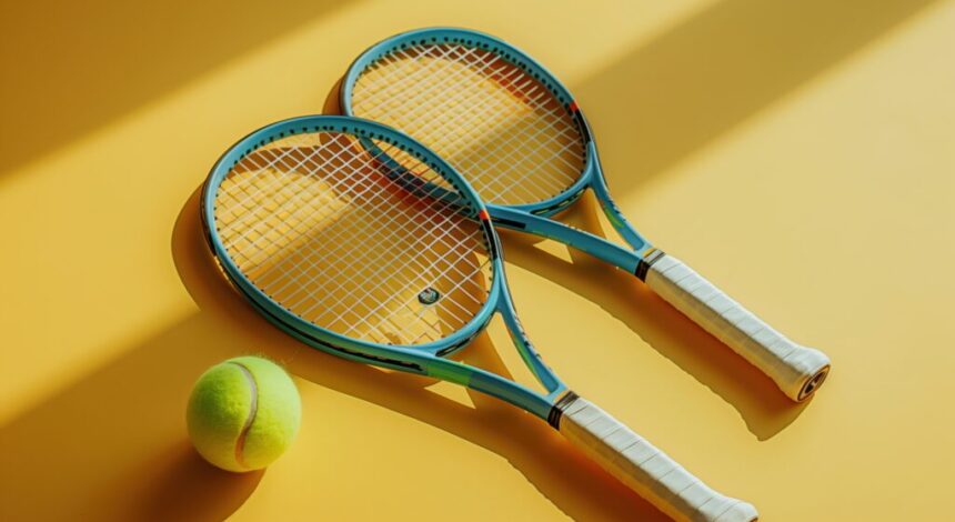 Two tennis rackets and a ball rest on a sunny yellow backdrop, casting long shadows in the bright sunshine
