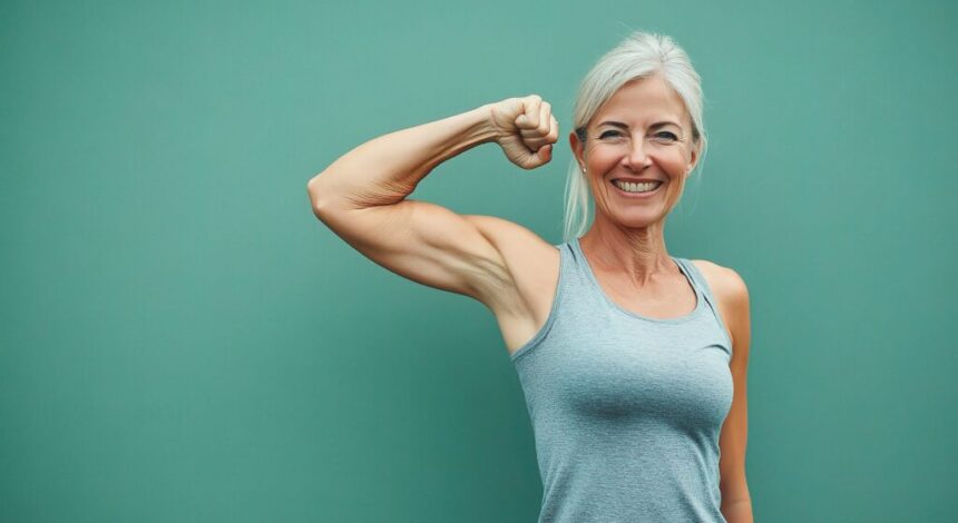 Senior Woman Flexing Bicep in Fitness Success After Workout