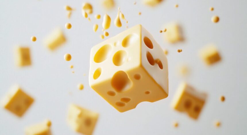 Falling Creamy Cheese Cube with Textured Surface Isolated on White