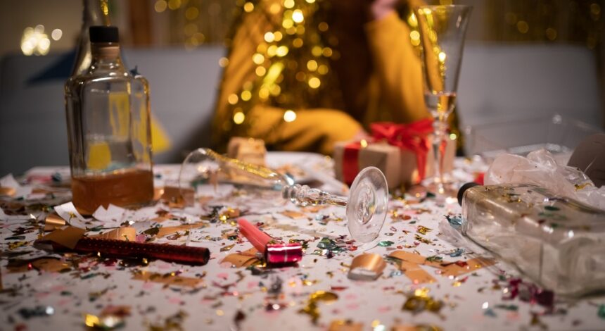 Messy,Table,After,Party,And,Sitting,Blurred,Man,In,Background.